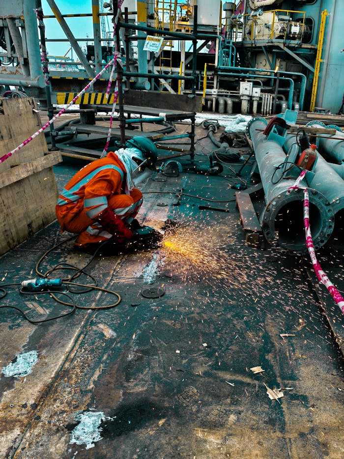 A worker in safety gear welds metal on an offshore rig, with sparks flying.